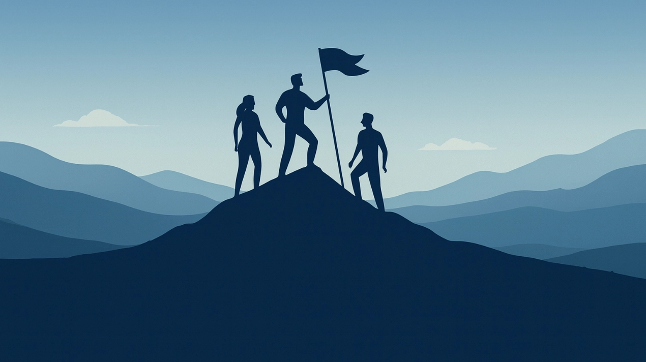 Drei Menschen erreichen gemeinsam einen Berggipfel